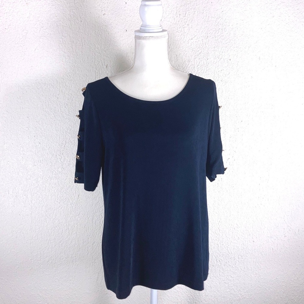 Chicos Travelers Navy Blue Lattice Sleeve Gold Button Top Blouse Size 1 Medium